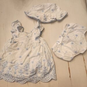 White and Blue Floral Baby Three Piece Dress Set
